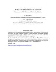 Why the professor can't teach : mathematics and the dilemma of university education /